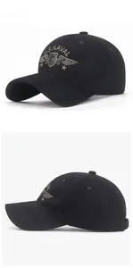 Detail of black cotton baseball cap with gold U.S. Naval embroidery and reinforced brim