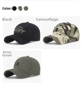 Detailed view of cotton camouflage baseball caps with U.S. NAVAL shield embroidery