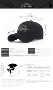 Size guide for camouflage cotton baseball cap showing dimensions and head circumference