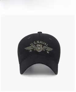 Detailed front view of black cotton baseball cap with gold U.S. Naval military embroidery