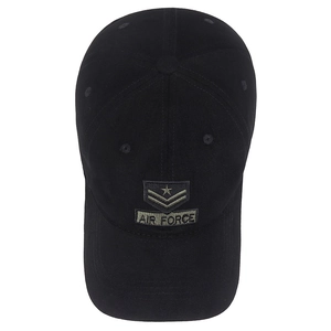 Black cotton baseball cap with green Air Force military embroidery on a white background
