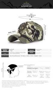 Guide des tailles détaillé pour casquette camouflage avec broderie et mesures de tête
