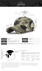Size chart for camo baseball cap showing 55-60cm circumference and measurement guide