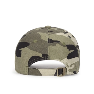 Back view of a camouflage cotton baseball cap with adjustable metal buckle strap