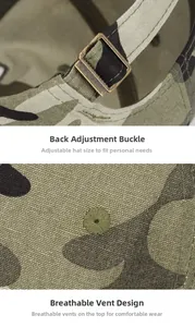 Detail of adjustable metal buckle and embroidered eyelets on camo baseball cap