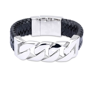 Men's thick Cuban chain bracelet with black woven leather and polished silver steel