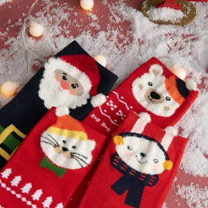 Festive Christmas cotton socks with reindeer and Santa patterns in red and navy knit
