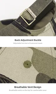 Detail der verstellbaren Messingschnalle und der bestickten Ösen an der Camouflage-Kappe