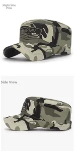 Detail view of camouflage cadet cap with ARMY embroidery patch from side and front angles