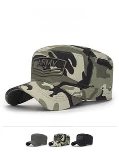 Detail of army embroidery on camo flat top hat with forest camouflage patterns