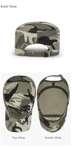 Detail view of camouflage cadet cap showing the back buckle, top crown and inner lining
