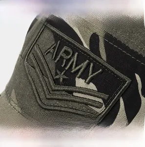 Detailed embroidery of ARMY logo on a camouflage flat top hat with durable cotton fabric