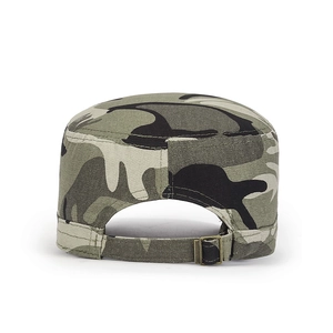 Jungle camouflage flat top army cap with adjustable bronze metal buckle back view