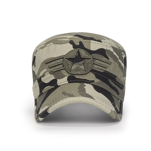 Army style camouflage flat top cap with embroidered star logo for outdoor wear