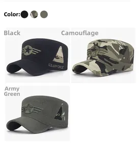 Detailed side view of military cadet caps with U.S. Air Force embroidery and badges