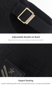 Detailed macro view of adjustable bronze metal buckle and stitching on black camo cap