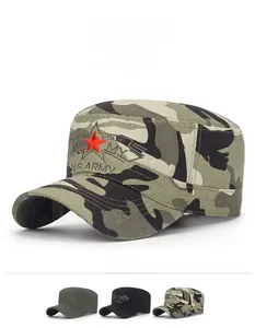 Detail of US Army embroidery and red star on camouflage flat top military cotton cap