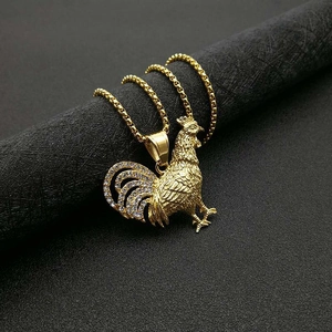 Rooster Pendant Necklace Gold Plated Titanium Steel Zircon Rhinestone Hip Hop Animal Zodiac Jewelry For Men Women