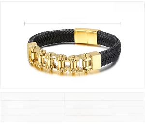 Detailed dimension guide for men's leather gear bracelet with golden steel chain