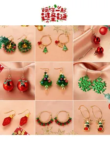 Detailed close-up of festive Christmas earrings set featuring wreath and tree designs