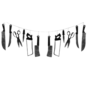 Detailed view of Halloween bloody weapon garland featuring paper knives and saws props