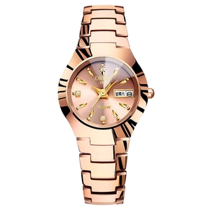 Elegant rose gold women's quartz watch with date display and rhinestone hour markers