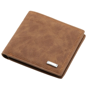 Brown vintage men's bifold wallet in textured PU leather with orange stitching accents