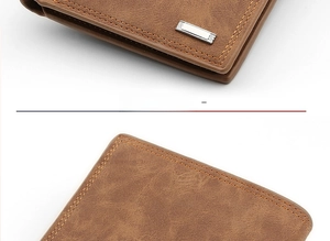 Front view of coffee brown vintage men's wallet with contrast stitching and silver plaque