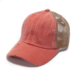 Distressed coral red and beige ponytail mesh baseball cap with vintage washed denim finish