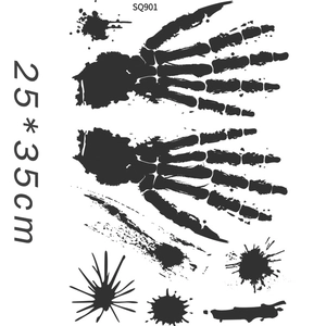 Close-up of Halloween bloody skeletal hand stickers and ink splatters, 25x35cm size