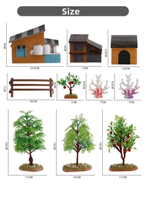 Size chart for miniature farm landscape models including houses, fences and fruit trees