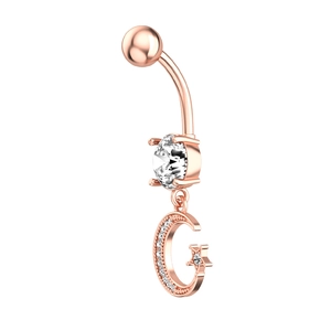 Detailed view of rose gold belly ring with moon and star pendants inlaid with zircons