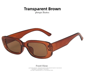 Macro detail of rectangle sunglasses in transparent tea finish and frame specs