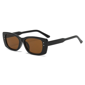 Retro Y2K black rectangular sunglasses with brown lenses and silver rivet details