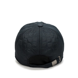 Men's navy blue quilted baseball cap with hexagonal pattern and adjustable metal buckle