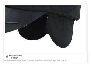 Detail of winter baseball cap with diamond quilted fabric and foldable ear flaps