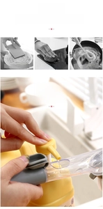 Detail showing the refillable liquid handle of a kitchen dish brush for easy cleaning