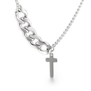 Silver titanium steel cross necklace with mixed Cuban and twist chain style