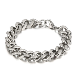Mens silver stainless steel Cuban link bracelet with lobster clasp on white background