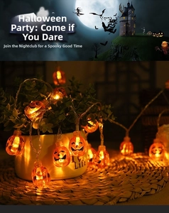 Halloween LED pumpkin string lights with orange jack-o-lantern bulbs and warm glow