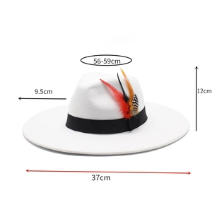 Detailed dimensions of white wool fedora hat with elegant feather and ribbon decor