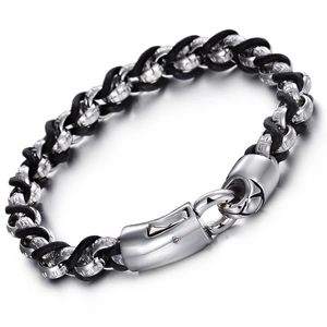 Men Braided Leather Bracelet With Stainless Steel Interlocking Rings Geometric Punk Style Biker Wristband