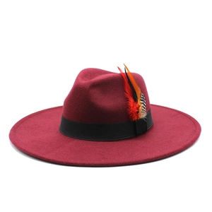 Detail of wool fedora with wide brim featuring black band and colorful feather accent