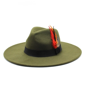 Close-up of olive green wool felt jazz hat featuring black ribbon and colorful feathers