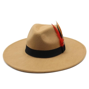 Detail of camel wool fedora hat featuring black ribbon and colorful real feathers