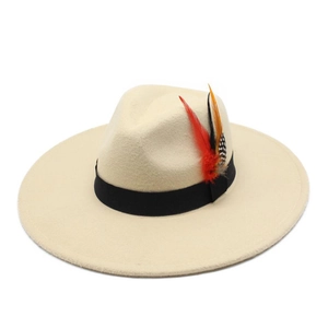 Classic cream wool felt jazz fedora hat with black band and colorful feathers for unisex
