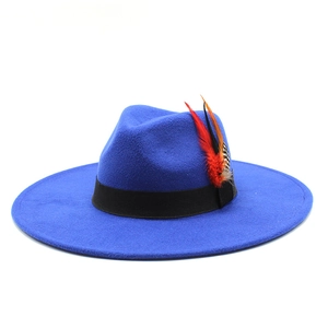 Detail of bright blue wool fedora hat featuring a classic black band and decorative feathers