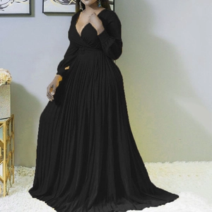 Elegant black deep V-neck long sleeve pleated maxi dress for women with high waist