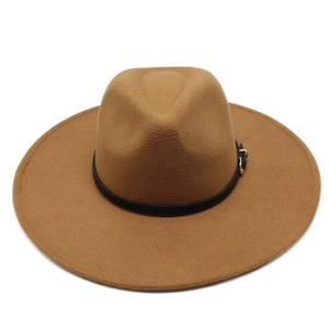 Classic camel wool fedora hat with wide brim and black leather strap for autumn fashion