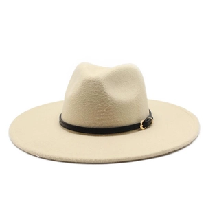 Detail of wool felt fedora hat featuring black leather band and gold metal buckle